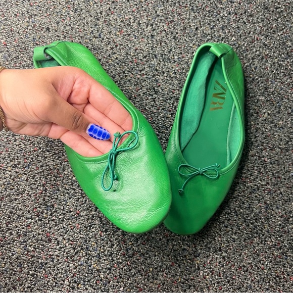 ZARA Bright Green Colorful Ballet Flats Leather Bow Soft Shoes Square Toe Sz 7.5 - Picture 9 of 16